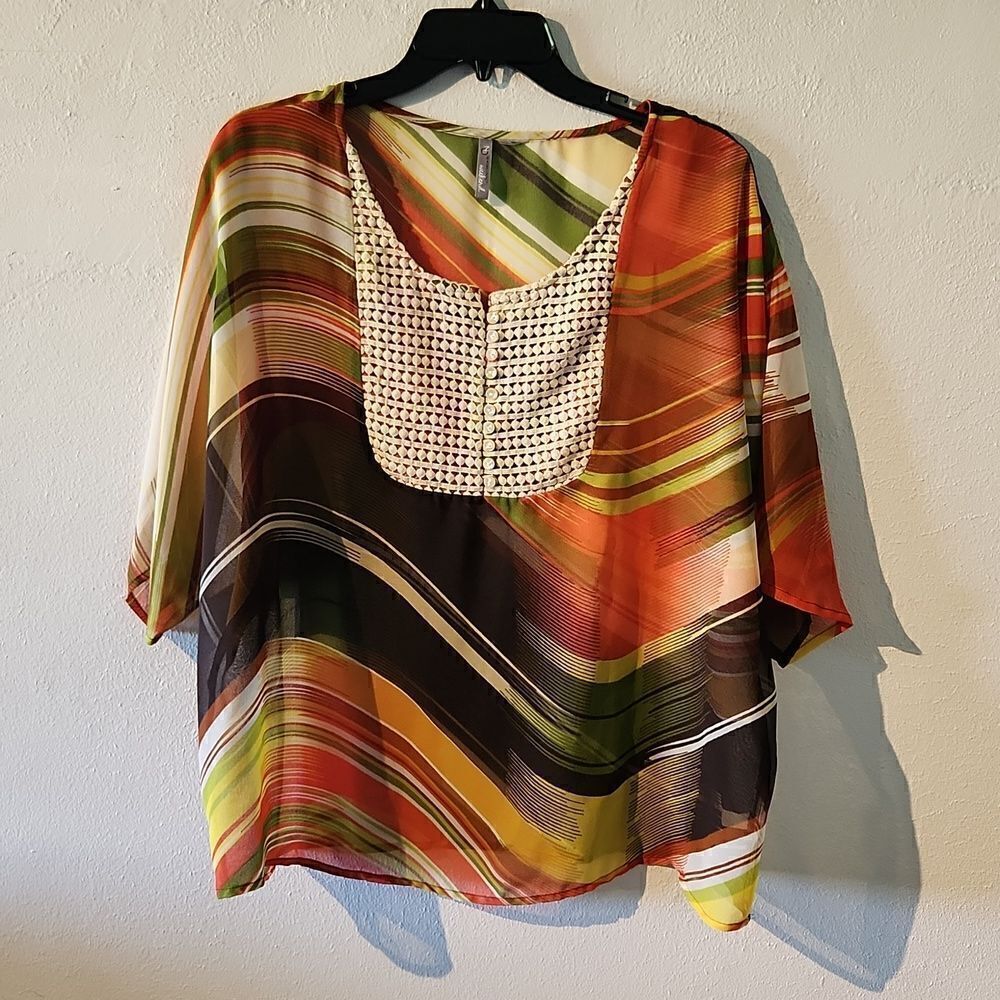 New directions sheer bohemian top large bright summer colors